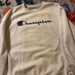 Champion Off-White Crewneck with Blue Logo